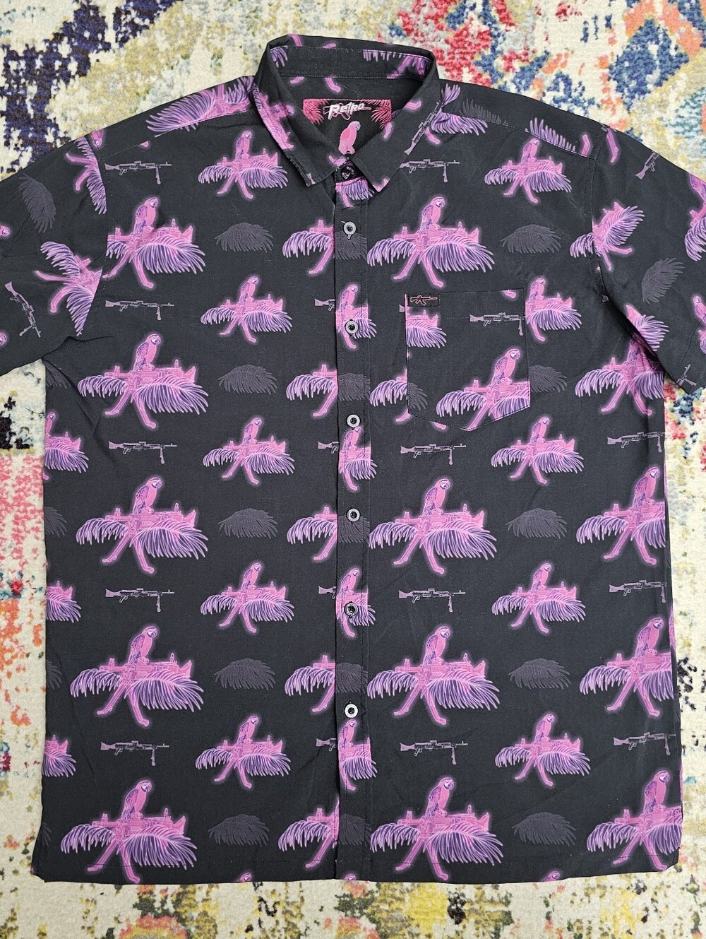 Retro Rifle Men’s Button Down Shirt XL Saws & Macaws Purple Pink Hawaiian Gun